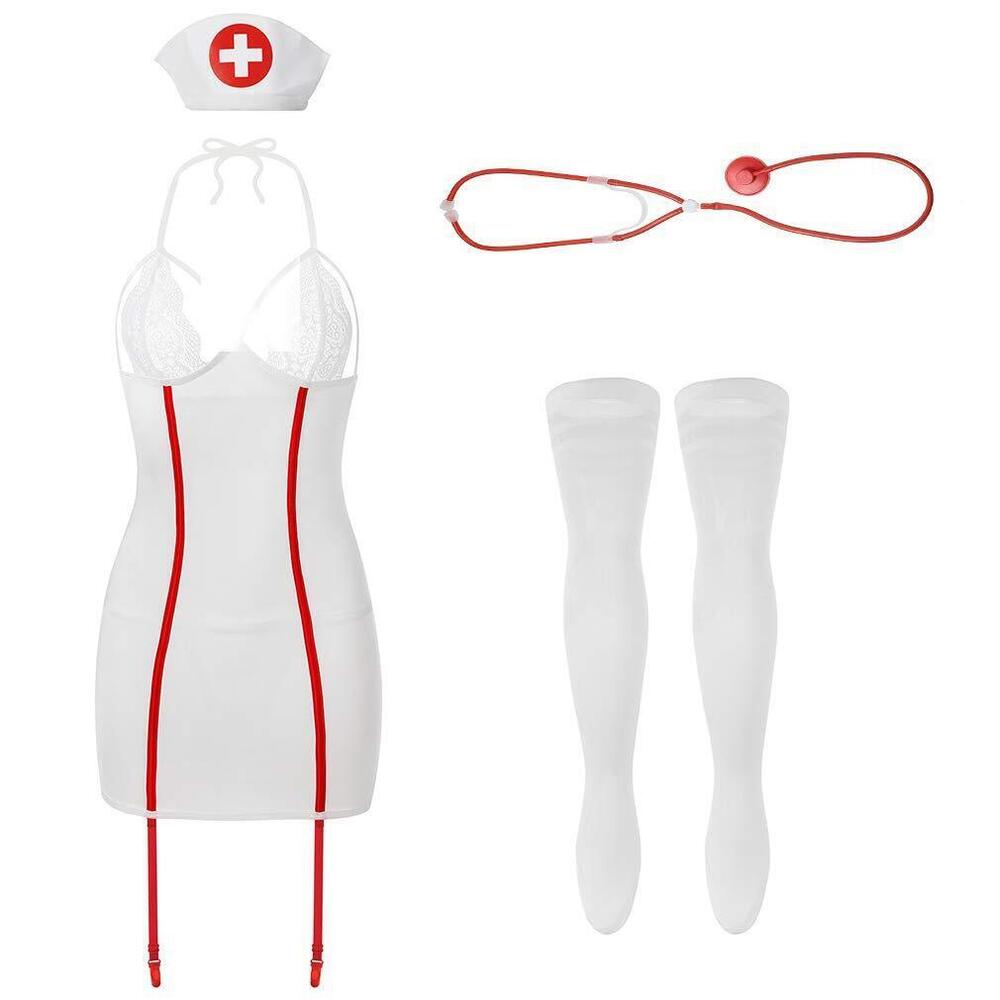 4635 Sexy White Babydoll Lingerie Nurse Costume With Stocking